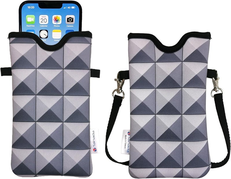 Tainada Men Women Neoprene Phone Sleeve Pouch Case Bag with Crossbody Strap/Neck Lanyard for iPhone 17/16/15 Pro Max, Air, 16/15 Plus, 16e, Samsung S25, A56, Google Pixel 10 (3D Silver Gray Geometric) - Image 1